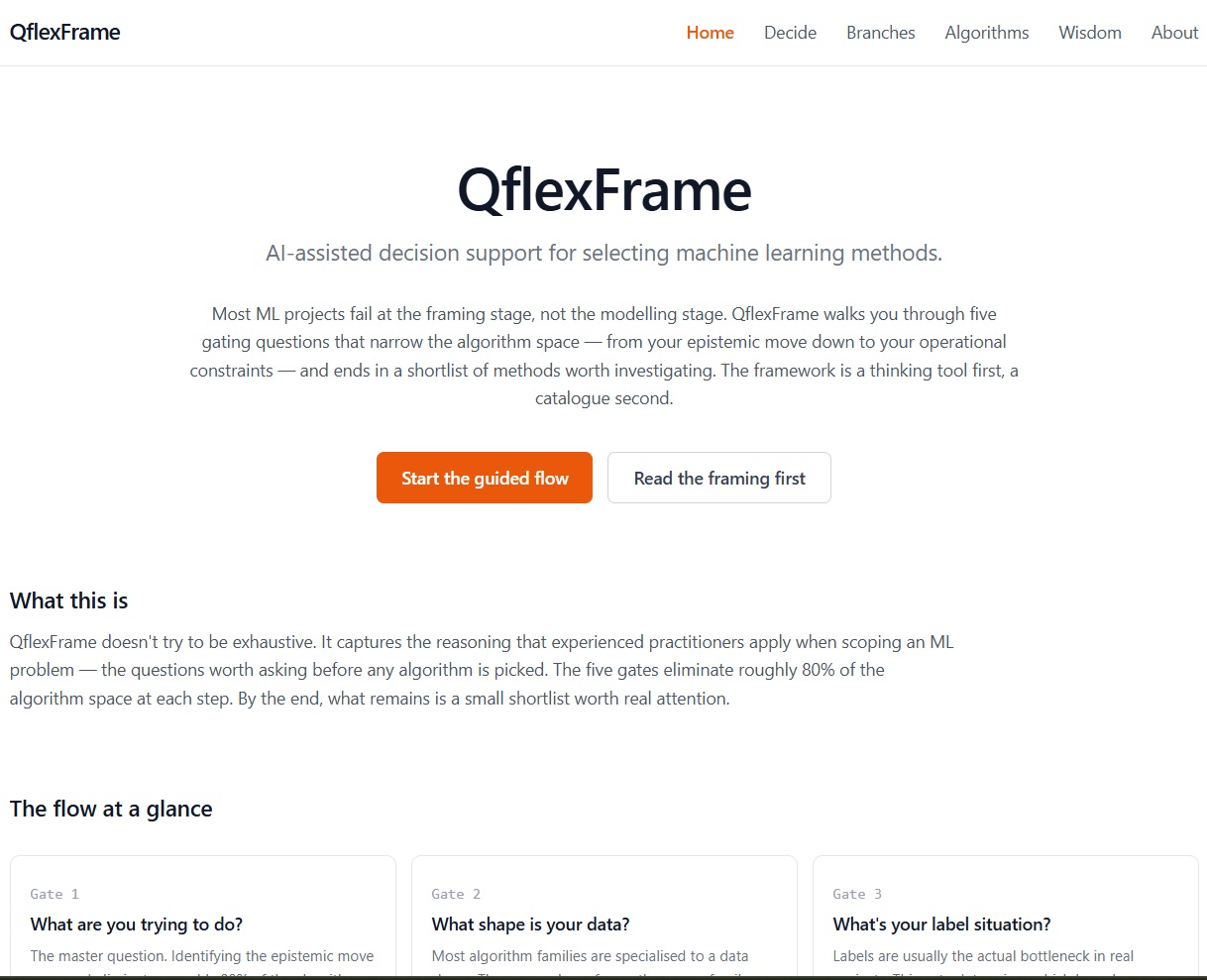 QFlexFrame — AI-assisted decision support for selecting machine learning methods, with five gating questions and guided flow